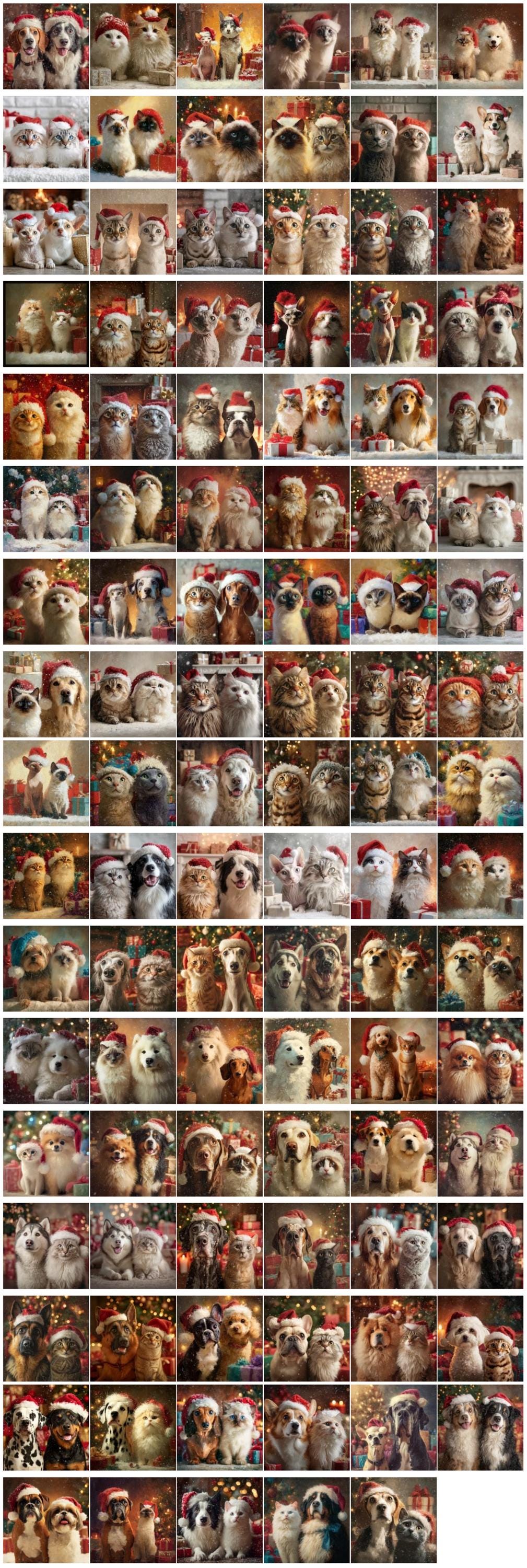 Watercolor Christmas pets with Santa Hats PNG Festive pet Breeds