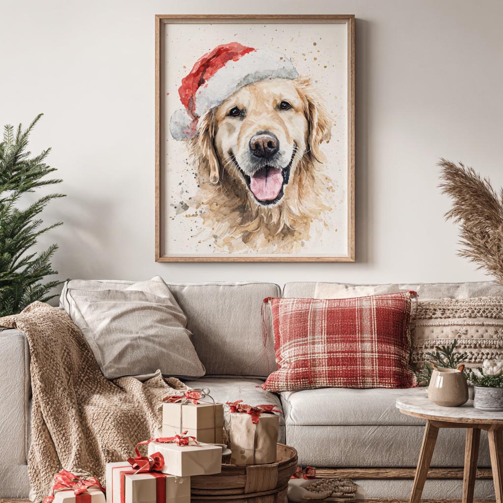 Christmas Custom pet Portrait from photo holiday wall art canvas Christmas Dog Portrait Canvas, Floater Frame Pet Gift for pet lover