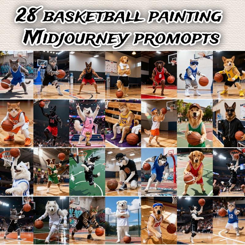 Pet Portrait Midjourney Prompts: Dog Basketball Painting AI Art (PDF)