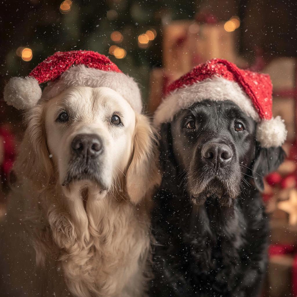 Watercolor Christmas pets with Santa Hats PNG Festive pet Breeds