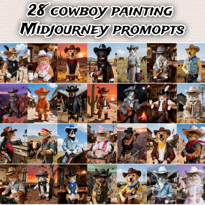 Midjourney Prompts: Cowboy-style Oil Painting Pet Portraits (PDF Guide)Personalized Gift for your pet