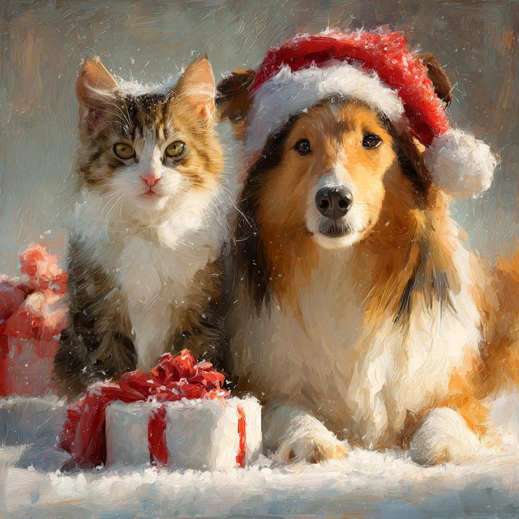 Watercolor Christmas pets with Santa Hats PNG Festive pet Breeds