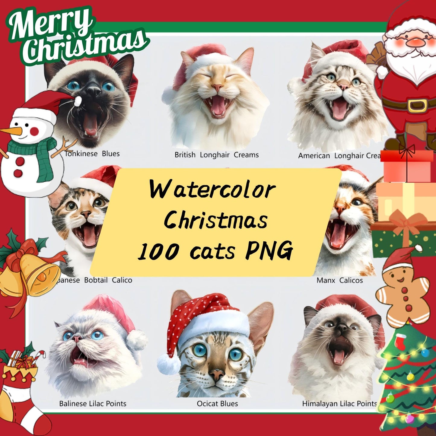 Watercolor Christmas Cats PNG | Festive Santa Hats (Digital Download)